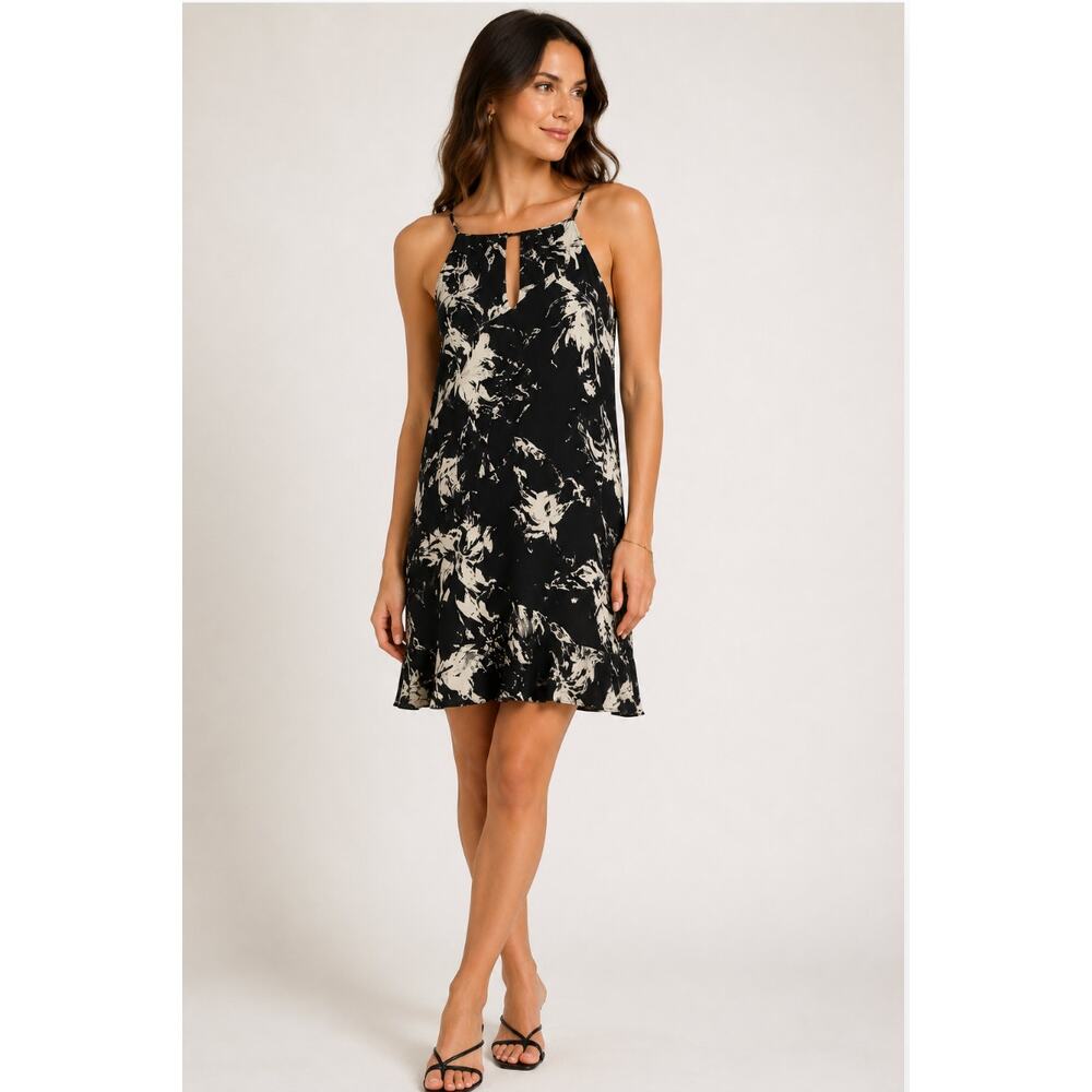 NWT Parker Elegant Keyhole Racerback Halter Black Floral Ruffle Whimsy Dress S